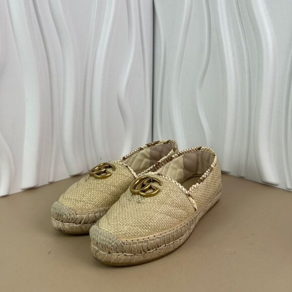 Gucci Beige Raffia Espadrilles With Gold GG Logo Womens 35.5 Made In Spain - Picture 1 of 9